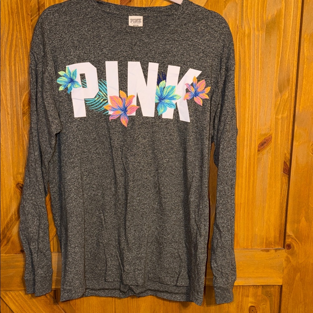 PINK Victoria's Secret Gray Tee with White Logo and Multicolor Floral Embroidery